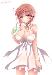 Rule 34 | 1girl, :o, bare arms, bare shoulders, bendy straw, bow, breasts, brown eyes, brown hair, cleavage, cowboy shot, cup, dress, drink, drinking glass, drinking straw, fingernails, food, hair between eyes, hair bow, heart, holding, holding cup, ice cream, ice cream float, ichiyou moka, large breasts, long hair, nail polish, original, parted lips, pink nails, red bow, simple background, sleeveless, sleeveless dress, solo, standing, twitter username, white background, white dress