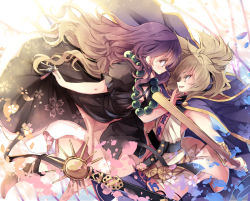 Rule 34 | 2girls, belt, black dress, blonde hair, bracelet, cape, dress, earmuffs, eye contact, face-to-face, gradient hair, hijiri byakuren, jewelry, layered dress, long hair, looking at another, multicolored hair, multiple girls, necklace, open mouth, petals, piyokichi, pointy hair, puffy short sleeves, puffy sleeves, purple hair, ritual baton, short sleeves, skirt, sleeveless, sleeveless dress, smile, sword, touhou, toyosatomimi no miko, very long hair, weapon, white dress