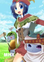 Rule 34 | &gt; &lt;, 1girl, :3, blue eyes, blue hair, blue sky, blush, capcom, character request, closed mouth, cloud, commentary request, cowboy shot, dated, day, furry, furry female, grass, guildmarm (monster hunter), hair between eyes, hat feather, heterochromia, kanagi tsumugi, looking at viewer, monster hunter, monster hunter (series), monster hunter x, open mouth, outdoors, red headwear, red skirt, shirt, short hair, skirt, sky, smile, white shirt