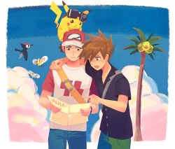 Rule 34 | 2boys, alolan exeggutor, alolan form, arm around shoulder, baseball cap, black shirt, blue oak, blue pants, buttons, closed mouth, cloud, collared shirt, commentary request, creatures (company), cutiefly, day, game freak, gen 1 pokemon, gen 7 pokemon, green shorts, hat, holding, holding map, itome (funori1), male focus, map, multiple boys, nintendo, on head, outdoors, pants, pikachu, pikipek, pointing, pokemon, pokemon (creature), pokemon on head, pokemon sm, reading, red (pokemon), red headwear, shirt, short sleeves, shorts, sky, strap, t-shirt