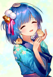 Rule 34 | 1girl, :d, ^ ^, ainy, animal, animal on head, animal request, bell, blue hair, blue kimono, blush, closed eyes, commentary request, floral print, hair bell, hair ornament, hair ribbon, hands up, highres, holding, holding animal, japanese clothes, kimono, long sleeves, obi, on head, open mouth, original, pink ribbon, pink sash, pom pom (clothes), pom pom hair ornament, ribbon, sash, short hair, smile, solo, upper body, wide sleeves