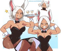 Rule 34 | 1girl, alternate hair length, alternate hairstyle, animal ears, ass, black leotard, blue background, boku no hero academia, bow, bowtie, breasts, chibi, cleavage, closed eyes, commentary, cropped legs, cup, dark-skinned female, dark skin, dashi (dashiart), detached collar, english commentary, flexing, gradient background, grin, hands up, highleg, highleg leotard, highres, holding, holding tray, leotard, looking at viewer, mirko, multiple views, no mouth, one eye closed, pantyhose, patreon username, playboy bunny, rabbit ears, rabbit tail, red eyes, short hair, skindentation, smile, spilling, star (symbol), strapless, strapless leotard, tail, tray, v-shaped eyebrows, watermark, web address, white background, white hair, wrist cuffs