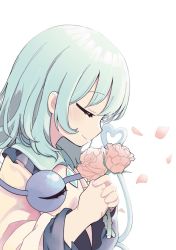Rule 34 | 1girl, closed eyes, closed mouth, flower, from side, green hair, heart, heart of string, holding, holding flower, komeiji koishi, long sleeves, no headwear, petals, pink flower, pink rose, rose, shirt, short hair, simple background, smile, solo, third eye, touhou, upper body, white background, wide sleeves, yamase, yellow shirt