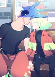 Rule 34 | 2boys, apri bot, blue eyes, blue hair, blush, couch, earrings, closed eyes, firefighter, galo thymos, green hair, holding hands, imminent kiss, jewelry, lio fotia, multiple boys, piercing, promare, yaoi