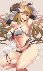 Rule 34 | 1girl, absurdres, ahoge, anila (granblue fantasy), anila (summer) (granblue fantasy), armpits, arms up, bare shoulders, belly chain, bikini, black bikini, blonde hair, blush, breasts, cleavage, collarbone, detached sleeves, draph, granblue fantasy, highres, horns, hotate-chan, jewelry, large breasts, layered bikini, long hair, looking at viewer, navel, one eye closed, open mouth, sheep horns, short eyebrows, smile, swimsuit, thighs, white bikini, wide sleeves, yellow eyes