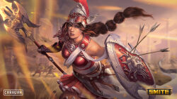 Rule 34 | 1girl, absurdres, armor, artist name, athena (smite), athena (smite) (high counselor), brown hair, copyright name, green eyes, helmet, highres, holding, holding polearm, holding shield, holding weapon, logo, long hair, official alternate costume, outdoors, polearm, ponytail, scar on shoulder, shield, silvia meiliani, smite, solo focus, weapon