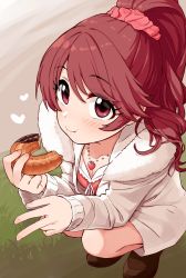 Rule 34 | 1girl, bad id, bad twitter id, blush, brown eyes, brown hair, coat, collarbone, commentary, doughnut, eating, food, full body, fur trim, grass, hair ornament, hair scrunchie, heart, heart necklace, highres, holding, holding food, idolmaster, idolmaster cinderella girls, jewelry, loafers, long hair, looking at viewer, necklace, omaru gyuunyuu, open clothes, open coat, ponytail, scrunchie, shiina noriko, shoes, smile, solo, squatting, v