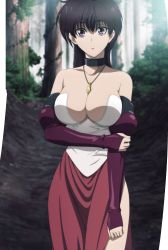 Rule 34 | 1girl, absurdres, bare shoulders, bastard!!, black hair, breasts, cleavage, collarbone, highres, jewelry, large breasts, long hair, necklace, purple eyes, sean ari, side slit, stitched, third-party edit