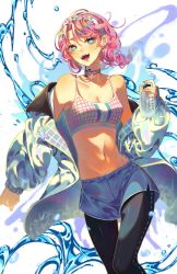 Rule 34 | 1girl, :d, arknights, bare shoulders, black pants, blue eyes, blue poison (arknights), blue poison (shoal beat) (arknights), blue shorts, breasts, choker, cleavage, commentary request, crop top, duplicate, earrings, feet out of frame, hairband, highres, holding, jacket, jewelry, kikan (kikanoe), leggings, leggings under shorts, long sleeves, looking at viewer, midriff, navel, off shoulder, official alternate costume, open clothes, open jacket, open mouth, pants, pantyhose, pink choker, pink hair, short hair, short shorts, shorts, small breasts, smile, solo, spaghetti strap, sports bra, standing, stomach, white background