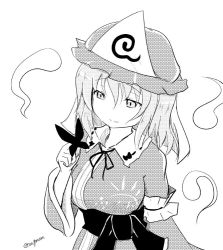 Rule 34 | 1girl, bow, breasts, bug, butterfly, butterfly on hand, greyscale, hat, insect, looking at hand, mob cap, monochrome, neck ribbon, ribbon, saigyouji yuyuko, short hair, smile, taurine 8000mg, triangular headpiece, wide sleeves