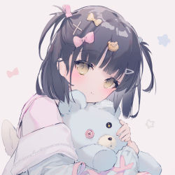 Rule 34 | 1girl, bear hair ornament, black hair, blue jacket, blush, bow, brown eyes, closed mouth, commentary request, grey background, hair bow, hair ornament, hairclip, jacket, long sleeves, looking at viewer, hugging object, off shoulder, original, pink bow, shirt, simple background, smile, solo, star (symbol), starry background, stuffed animal, stuffed toy, suzumori uina, teddy bear, two side up, white shirt, x hair ornament, yellow bow