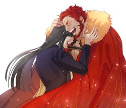 2boys armor beard breastplate cape clothing_cutout facial_hair fate/grand_order fate_(series) front_slit fur-trimmed_cape fur_trim halorane hand_on_another&#039;s_head happy_tears highres hug iskandar_(fate) korean_commentary long_hair lord_el-melloi_ii lord_el-melloi_ii_case_files male_focus mature_male multiple_boys pectoral_cleavage pectorals red_cape red_hair short_hair smile tears waver_velvet wind