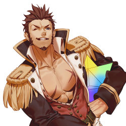 Rule 34 | 1boy, abs, absurdres, beard, blue eyes, brown hair, chiizu namasu, epaulettes, facial hair, fate/grand order, fate (series), hand on own hip, highres, large pectorals, long sideburns, long sleeves, looking at viewer, male focus, military, military uniform, muscular, napoleon bonaparte (fate), one eye closed, open clothes, pants, pectorals, saint quartz (fate), scar, sideburns, simple background, smile, solo, teeth, uniform, veins