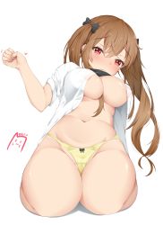 Rule 34 | 1girl, :3, absurdres, bad id, bad pixiv id, bow, bow panties, brown hair, curvy, girls&#039; frontline, hair bow, heart, highres, lace, lace-trimmed panties, lace trim, lomocya, looking at viewer, navel, nipple slip, nipples, open clothes, open shirt, panties, red eyes, scar, scar across eye, scar on face, solo, thighs, twintails, ump9 (girls&#039; frontline), unbuttoned, unbuttoned shirt, underwear, yellow panties
