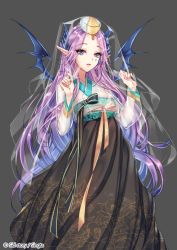 Rule 34 | 1girl, copyright name, demon wings, elf, flower, hair flower, hair ornament, hat, japanese clothes, jewelry, official art, pointy ears, purple eyes, purple hair, sid story, sila (carpen), solo, wings