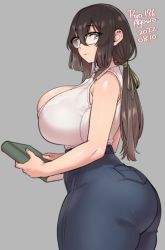 Rule 34 | 1girl, agawa ryou, ass, black hair, breasts, collared shirt, curvy, denim, glasses, huge ass, huge breasts, jeans, long hair, looking at viewer, looking back, low ponytail, open clothes, open shirt, original, pants, partially unbuttoned, plump, ponytail, shirt, short ponytail, sideboob, sidelocks, sleeveless, thick thighs, thighs, unbuttoned, unbuttoned shirt, wide hips