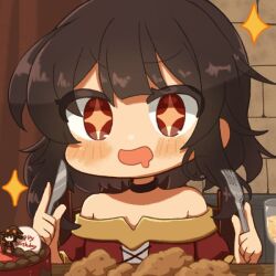 Rule 34 | + +, 1girl, black choker, blush, brown hair, butter knife, cake, choker, commentary request, cup, dress, drinking glass, excited, food, fork, happy birthday, holding, holding fork, holding knife, knife, kono subarashii sekai ni shukufuku wo!, megumin, open mouth, red dress, red eyes, short hair, short hair with long locks, sidelocks, solo, sparkle, sparkling eyes, star-shaped pupils, star (symbol), symbol-shaped pupils, upper body, yaminotsuki kisaragi