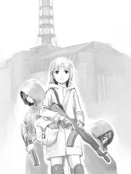 Rule 34 | 3girls, an-94, architecture, assault rifle, bag, building, buttons, can, carrying, carrying bag, chernobyl npp, coat, fingerless gloves, food, frchn, gloves, greyscale, gun, hood, hood down, hood up, knee pads, looking at viewer, monochrome, multiple girls, real world location, rifle, sausage, sawed-off shotgun, short hair, shotgun, sketch, squatting, stalker (game), trench coat, trigger discipline, weapon