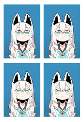 Rule 34 | 1girl, :&lt;, ahoge, animal ears, blue background, blue eyes, blue neckerchief, blush, braid, cocomayo29 (tomato), commentary request, crossed bangs, fox ears, fox girl, highres, hololive, korean commentary, long hair, neckerchief, shirakami fubuki, shirakami fubuki (1st costume), side braid, solo, upper body, virtual youtuber, white hair