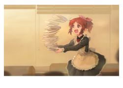 Rule 34 | 1girl, @ @, abe nana, apron, black dress, bow, bowtie, brown eyes, commentary, dress, flying sweatdrops, framed, frilled apron, frills, hair bow, highres, holding, holding plate, idolmaster, idolmaster cinderella girls, indoors, long sleeves, maid, maid apron, open mouth, orange hair, pink bow, plate, plate stack, ponytail, red bow, red bowtie, shioda (shioda 5), solo, tearing up, wavy mouth, window blinds