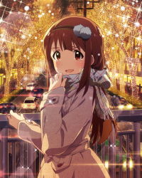 Rule 34 | 10s, 1girl, :d, blush, brown eyes, brown hair, character name, christmas, christmas lights, christmas ornaments, crying, hairband, idolmaster, idolmaster million live!, jacket, long hair, looking at viewer, musical note, official art, open mouth, scarf, signature, smile, solo, tanaka kotoha, tears, traffic