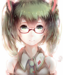 Rule 34 | 1girl, bad id, bad pixiv id, bare shoulders, bespectacled, detached sleeves, glasses, green eyes, green hair, hadean92, hatsune miku, headset, matching hair/eyes, necktie, red-framed eyewear, semi-rimless eyewear, smile, solo, twintails, vocaloid