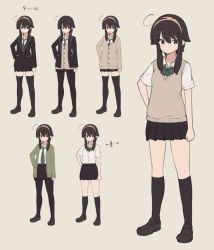 Rule 34 | 1girl, ahoge, arrow (symbol), black jacket, black skirt, black socks, blazer, bow, brown background, brown cardigan, brown eyes, brown footwear, brown hair, brown hairband, cardigan, closed mouth, commentary request, green bow, green cardigan, hair between eyes, hairband, hand on own hip, jacket, kneehighs, loafers, long hair, long sleeves, looking at viewer, multiple views, natsuki teru, open cardigan, open clothes, open jacket, original, pantyhose, pleated skirt, school uniform, shikibe ayaka, shirt, shoes, short sleeves, sidelocks, simple background, skirt, sleeves past wrists, socks, standing, sweater vest, thighhighs, translation request, variations, white shirt