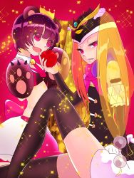 Rule 34 | 10s, 2girls, :d, animal ears, animal hands, apple, arakawa miho, bear ears, bear paws, claws, creator connection, crossover, crown, expressionless, fang, food, fruit, gem, gloves, half-closed eyes, hat, highres, long legs, looking at viewer, mawaru penguindrum, multiple girls, open mouth, parted lips, paw gloves, pink background, princess of the crystal, see-through, simple background, skindentation, smile, sparkle, takakura himari, thighhighs, thighs, tiara, tooth, veil, voice actor connection, yuri kuma arashi, yurishiro ginko