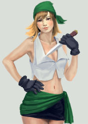 Rule 34 | 1990s (style), 1girl, annindouf, bandana, breasts, brown eyes, cleavage, dagger, female focus, final fantasy, final fantasy iii, gloves, highres, knife, looking at viewer, midriff, miniskirt, realistic, refia, retro artstyle, skirt, solo, thief (final fantasy), weapon