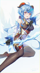 Rule 34 | 1girl, absurdres, ahoge, arrow (projectile), bell, black bodysuit, black gloves, blue hair, bodysuit, bow (weapon), commentary request, detached sleeves, dymao, ganyu (genshin impact), genshin impact, gloves, hair between eyes, highres, holding, holding arrow, holding bow (weapon), holding weapon, horns, long hair, looking at viewer, neck bell, orange eyes, parted lips, sidelocks, simple background, smile, solo, weapon, white background