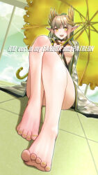 Rule 34 | 1girl, :d, areola slip, arknights, barefoot, black skirt, blunt bangs, blush, bottomless, breasts, brown shirt, censored, censored nipples, collarbone, convenient leg, covered erect nipples, dorsiflexion, elf, feet, foot focus, foreshortening, full body, highres, holding, holding umbrella, knees up, lab coat, large breasts, laurel crown, legs, long sleeves, looking at viewer, mole, mole under eye, muelsyse (arknights), nail polish, on floor, open mouth, pointy ears, shirt, sitting, skirt, smile, solo, tassel, teeth, tile floor, tiles, toenail polish, toenails, toes, twitter username, umbrella, upper teeth only, yamauchi (conan-comy), yellow eyes, yellow nails