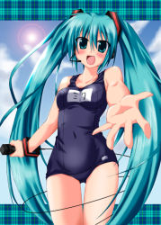 Rule 34 | 1girl, blush, green eyes, green hair, happy, hatsune miku, headphones, headset, highres, kagura nanaki, lens flare, long hair, looking at viewer, matching hair/eyes, microphone, one-piece swimsuit, open mouth, reaching, reaching towards viewer, school swimsuit, smile, solo, sun, swimsuit, thigh gap, thighs, twintails, vocaloid