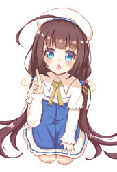 Rule 34 | 10s, 1girl, ahoge, beret, blue dress, blue eyes, blush, brown hair, commentary request, dress, fingernails, full body, hat, hinatsuru ai, layered sleeves, long hair, long sleeves, looking at viewer, low twintails, open mouth, ryuuou no oshigoto!, satori (ymoy), seiza, short over long sleeves, short sleeves, simple background, sitting, solo, teeth, twintails, upper teeth only, very long hair, white background, white hat