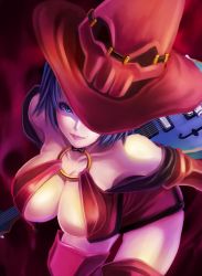 Rule 34 | 1girl, arc system works, bent over, boots, breasts, cleavage, green eyes, guilty gear, guilty gear xx, guitar, hat, huge breasts, i-no, instrument, mixmax, mole, red hat, short hair, solo, thigh boots, thighhighs