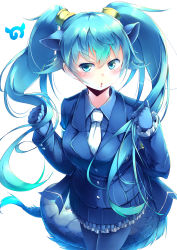 Rule 34 | 10s, 1girl, absurdres, animal ears, blue eyes, blue gloves, blue hair, blue pantyhose, blue suit, commentary, extra ears, formal, gloves, hair between eyes, hair ornament, highres, japari symbol, kanzakietc, kemono friends, long hair, looking at viewer, necktie, open mouth, pantyhose, seiryuu (kemono friends), simple background, skirt, solo, suit, tail, twintails, v-shaped eyebrows, white background, white necktie