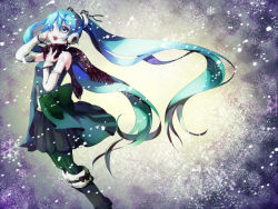 Rule 34 | 1girl, aqua hair, boots, detached sleeves, earmuffs, floating hair, green eyes, hand on own chest, hatsune miku, headset, highres, long hair, myaaco, open mouth, pantyhose, scarf, skirt, snow, solo, striped clothes, striped pantyhose, twintails, vertical-striped clothes, vertical-striped pantyhose, very long hair, vocaloid