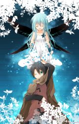Rule 34 | 1boy, 1girl, absurdres, aqua eyes, bad id, bad pixiv id, black hair, blue hair, cape, character request, copyright request, dress, closed eyes, flying, highres, long hair, nana kusun, one eye closed, open mouth, smile, white dress, wings