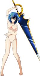 Rule 34 | 1girl, blue hair, breasts, cleft of venus, high school dxd, highres, nude, nude filter, pussy, sword, third-party edit, uncensored, weapon, xenovia quarta