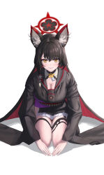 Rule 34 | 1girl, absurdres, animal ear fluff, animal ears, black hair, black kimono, black skirt, blue archive, breasts, cleavage, cleavage cutout, closed mouth, clothing cutout, colored inner hair, commentary request, fox ears, halo, harebunny, highres, japanese clothes, kimono, large breasts, long hair, long sleeves, looking at viewer, multicolored hair, pleated skirt, red hair, red halo, seiza, simple background, sitting, skirt, smile, solo, thigh strap, wakamo (blue archive), white background, yellow eyes