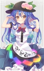 Rule 34 | 1girl, arms up, back bow, black hat, blue bow, blue hair, blue skirt, blush, bow, breasts, center frills, collared shirt, dress, frilled dress, frills, fruit hat ornament, grey background, hat, hinanawi tenshi, long hair, looking at viewer, medium breasts, one-hour drawing challenge, oudondk, peach hat ornament, puffy sleeves, rainbow order, red bow, red neckwear, shirt, sidelocks, simple background, skirt, smile, solo, touhou, upper body, white shirt, wing collar, yellow eyes
