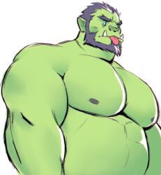 Rule 34 | 1boy, :p, bara, beard, belly, colored skin, ep06, facial hair, fat, fat man, forked eyebrows, full beard, green eyes, green skin, highres, huge pectorals, large pectorals, male focus, mature male, monster boy, muscular, muscular male, nipples, nude, orc, original, pectorals, pointy ears, short hair, solid oval eyes, solo, thick beard, thick eyebrows, tongue, tongue out, tusks, upper body, v-shaped eyebrows