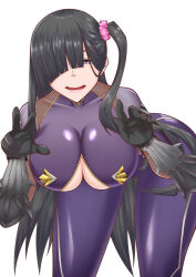Rule 34 | 1girl, ass, black hair, blue eyes, bodysuit, breasts, cleavage, cleavage cutout, clothing cutout, covered navel, gloves, hair over one eye, hakutakudan, high heels, huge breasts, ichimonji meiko, long hair, open mouth, purple eyes, shiny clothes, shiny skin, side ponytail, simple background, skin tight, solo, taimanin (series), taimanin rpgx, taimanin suit, thigh gap, underboob, underboob cutout, very long hair, white background, wide hips