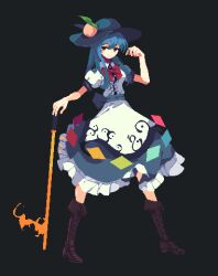 1girl 4qw5 black_background black_hat blue_hair blue_skirt boots bow bowtie brown_footwear closed_mouth commentary cross-laced_footwear fire food frilled_skirt frills fruit full_body hat highres hinanawi_tenshi holding holding_sword holding_weapon knee_boots lace-up_boots leaf long_hair looking_at_viewer peach pixel_art puffy_sleeves rainbow_order red_bow red_bowtie red_eyes shirt short_sleeves simple_background skirt smile solo sword sword_of_hisou touhou weapon white_shirt