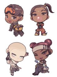 Rule 34 | 1boy, 3girls, animification, apex legends, aqua shirt, bald, bald girl, black footwear, black gloves, black pants, blue pants, bodysuit, boots, brown eyes, brown hair, chewing gum, chibi, crossed arms, d.o.c. health drone, dark-skinned female, dark-skinned male, dark skin, double bun, eyebrow cut, facial hair, facial mark, fingerless gloves, forehead mark, gloves, goatee, goggles, goggles on head, grey jacket, grey tank top, hair behind ear, hair bun, hairband, highres, jacket, jumpsuit, lifeline (apex legends), looking at viewer, mirage (apex legends), multiple girls, non-humanoid robot, one eye closed, orange jumpsuit, p2020 (pistol), pants, pipa (1pgjsf1), rampart (apex legends), robot, shirt, smile, tank top, the liberator wraith, v, white background, white hairband, wraith (apex legends), yellow bodysuit
