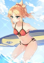 Rule 34 | 1girl, aqua eyes, artist name, bikini, blonde hair, blue sky, blush, braid, day, fate (series), french braid, front-tie top, hair ornament, hair scrunchie, halterneck, high ponytail, highres, holding, holding behind back, kani fish, leaning forward, mordred (fate), mordred (fate/apocrypha), mordred (swimsuit rider) (first ascension) (fate), navel, red bikini, scrunchie, side-tie bikini bottom, sky, smile, solo, splashing, surfboard, swimsuit, wading