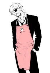 Rule 34 | 1boy, apron, blonde hair, collared shirt, curly eyebrows, expressionless, facial hair, feet out of frame, goatee, hair over one eye, hands in pockets, head tilt, loose necktie, male focus, necktie, no.6 (numberr 6), one piece, pink apron, sanji (one piece), shirt, short hair, smoke, smoking, solo, standing, sunglasses