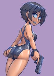 Rule 34 | 1girl, ass, black eyes, black hair, bob cut, borrowed character, breasts, character name, clothes pull, competition swimsuit, cowboy shot, dutch angle, erica (naze1940), from behind, g31 (jarv), glock, gun, handgun, highres, holding, holding weapon, looking back, medium breasts, one-piece swimsuit, one-piece swimsuit pull, open mouth, original, purple background, short hair, sideboob, simple background, smile, solo, swimsuit, tan, tanline, teeth, trigger discipline, upper teeth only, weapon, wet, wristband