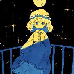 Rule 34 | 1girl, arms at sides, belt, blue eyes, center frills, closed mouth, commentary request, diffraction spikes, dress, expressionless, floating, frills, full moon, hat, limited palette, long sleeves, looking at viewer, maribel hearn, medium hair, mob cap, moon, nama udon, night, outdoors, pixel art, puffy long sleeves, puffy sleeves, railing, solo, sparkle, sparkling eyes, standing, straight-on, touhou, wind, wind lift