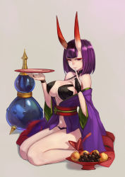 Rule 34 | 1girl, absurdres, aged up, alcohol, alternate breast size, ankle ribbon, bare shoulders, breasts, cup, fate/grand order, fate (series), finger to mouth, food, fruit, gourd, grapes, highres, holding, horns, huitu xigai, japanese clothes, kimono, large breasts, leg ribbon, looking at viewer, oni, open clothes, open kimono, purple eyes, purple hair, purple kimono, revealing clothes, ribbon, sakazuki, sake, seiza, short hair, shuten douji (fate), sitting, skin-covered horns, solo