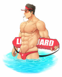 Rule 34 | 1boy, abs, absurdres, bara, bare pectorals, black hair, bulge, collarbone, cowboy shot, highres, holding, large pectorals, lifeguard, looking to the side, male focus, male swimwear, muscular, muscular male, navel, nipples, original, partially submerged, pectorals, red headwear, red male swimwear, red swim briefs, short hair, sideburns, skindentation, solo, stomach, swim briefs, swimsuit, thighs, water, wet, whistle, whistle around neck, whistling, white background, winemvee